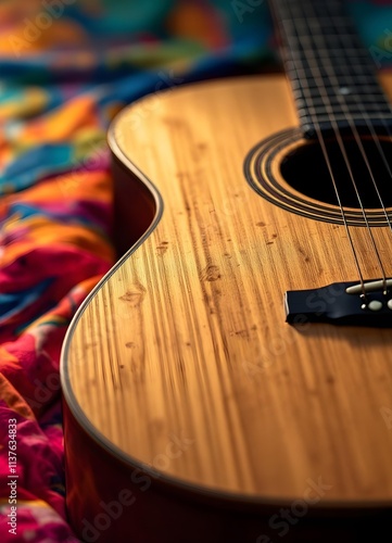 Close-up Shot of an Acoustic Guitar on a Vibrant Colorful Fabric Background photo