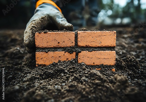 Gloved Hand Placing Brick In Dark Soil photo