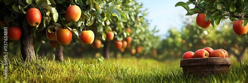 A small village orchard with apple trees, ripe fruits hanging low, and a rustic wooden basket in the grass