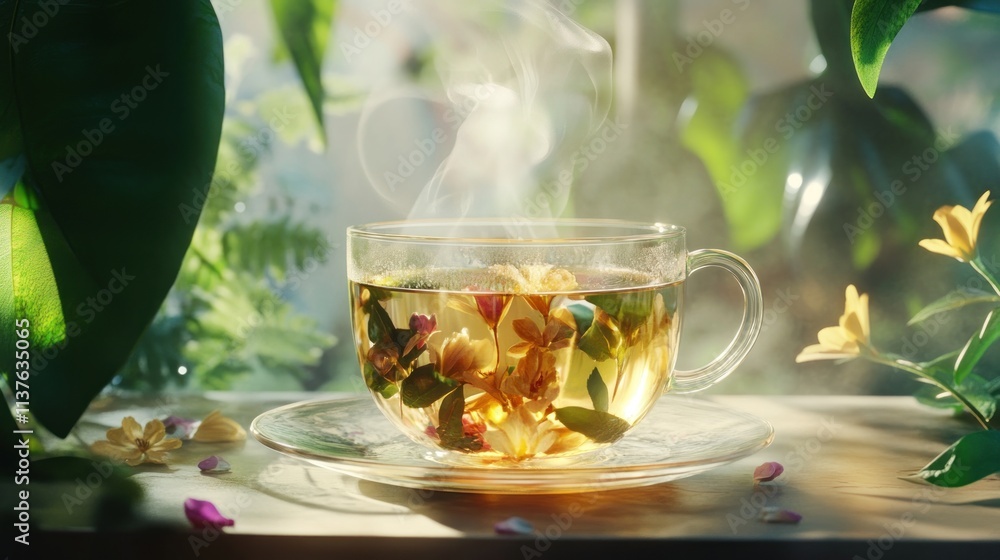 Steaming cup of herbal tea with flowers on a sunny windowsill. Steaming cup of herbal tea with flowers on a sunny windowsill.