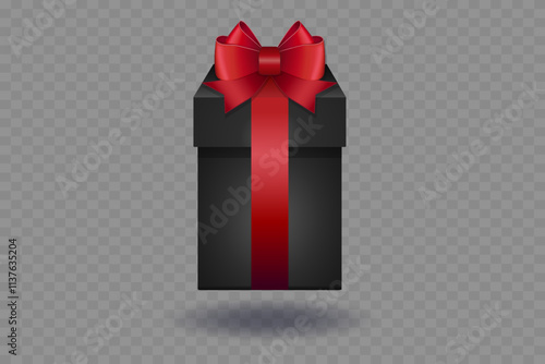 Black gift box with red ribbon and bow. On a transparent background.