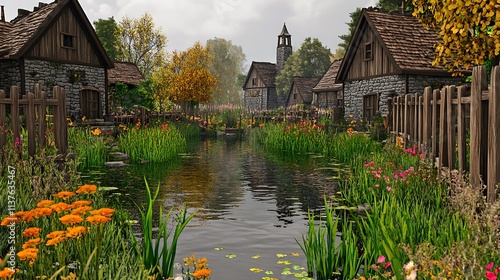 A small village pond surrounded by tall grasses, vibrant flowers, and old stone houses with wooden fences