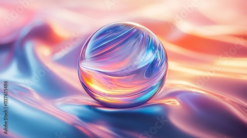 A clear glass ball with a rainbow swirl on it sits on a blue and pink fabric