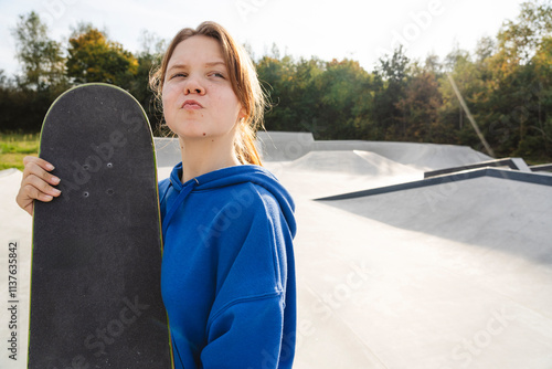 Girl holding skateboard and sitting in park on sunny day photo