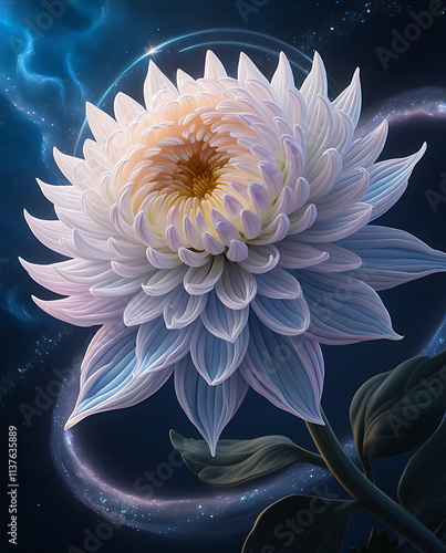 Cool cosmic chrysanthemum flower with a beautiful space ambiance. glow against the starry background, captivating magical  chrysanthemums flower. Created with generative AI photo