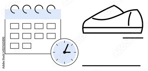 Calendar with highlighted days next to a clock showing specific time, and a running shoe indicating exercise planning. Ideal for fitness, scheduling, time management, health routines, exercise