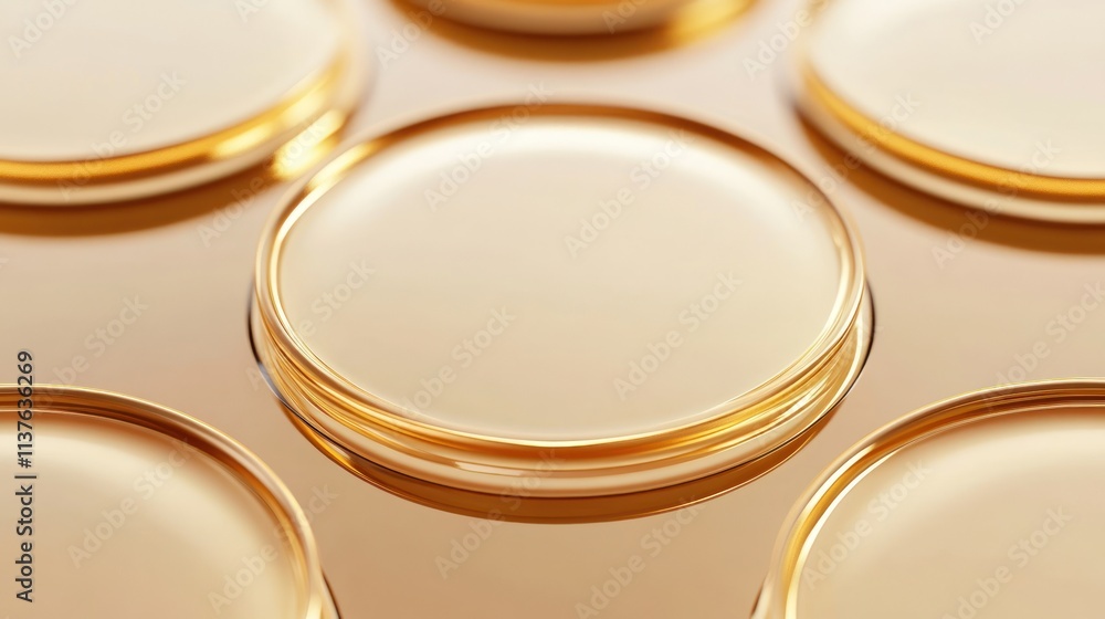 Golden circular objects on reflective surface. Golden circular objects on reflective surface.