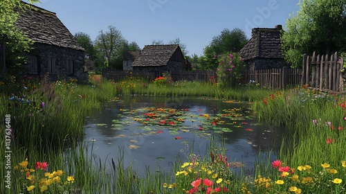A small village pond surrounded by tall grasses, vibrant flowers, and old stone houses with wooden fences