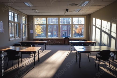 Empty classroom, sunlit tables, chairs, large window.