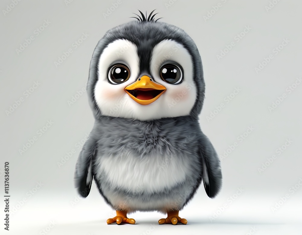Obraz premium 3D clipart full-body penguin chick with gray fluffy feathers on white background.