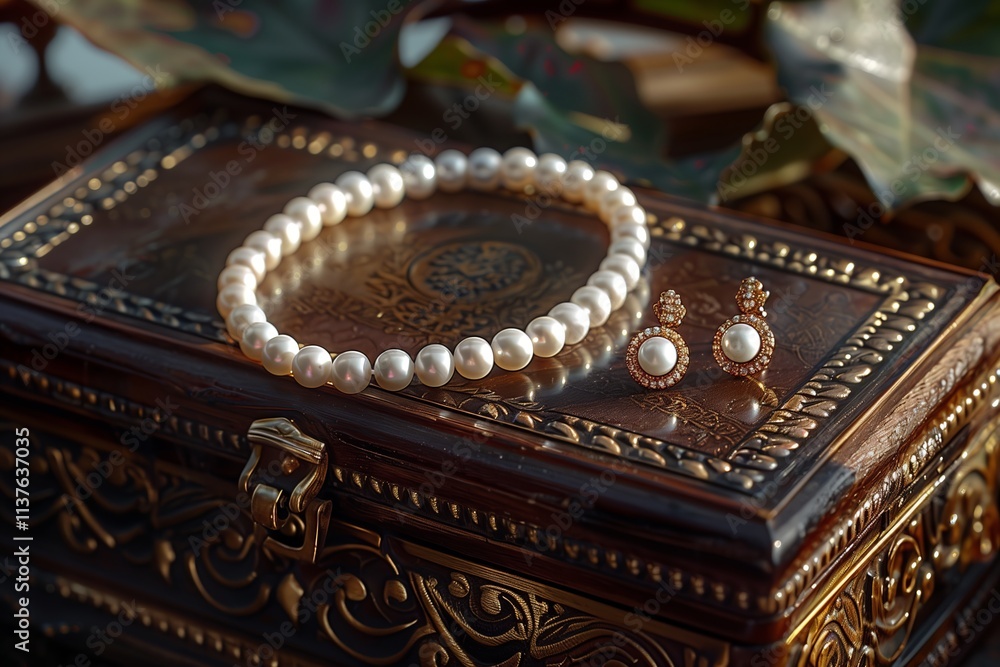 Obraz premium Elegant pearl necklace and earrings displayed on a vintage jewelry box.