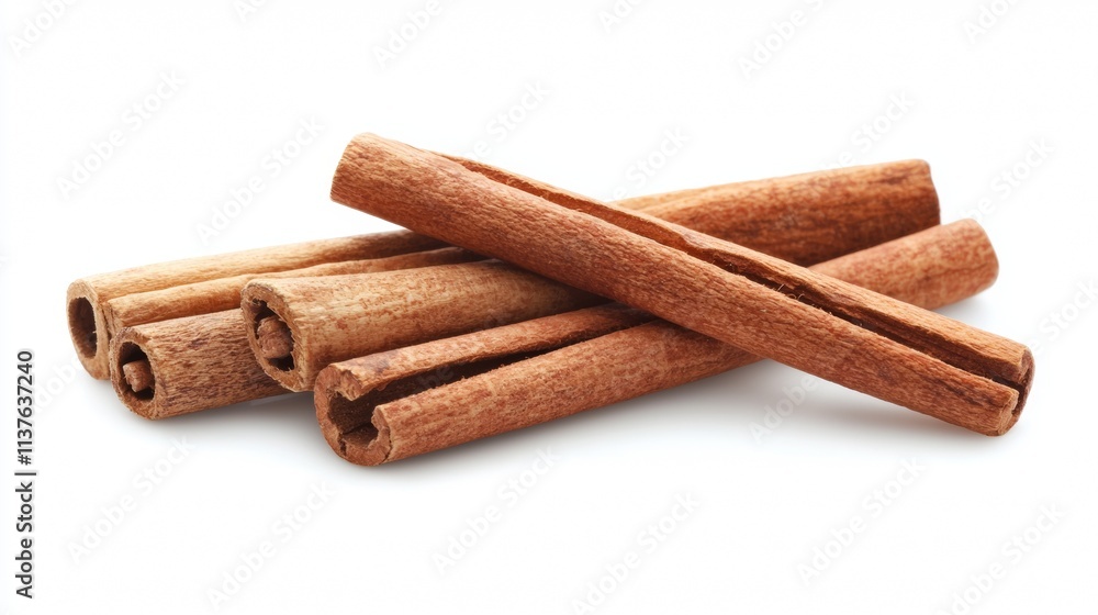 Cinnamon sticks arranged on a white background showcasing their texture and natural color in a culinary context Cinnamon sticks arranged on a white background showcasing their texture and natural color in a culinary context