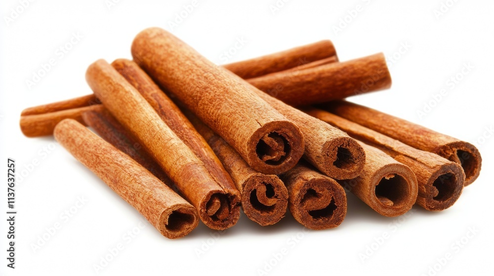 Cinnamon sticks piled together showcasing their rich texture and warm color in a well-lit setting Cinnamon sticks piled together showcasing their rich texture and warm color in a well-lit setting