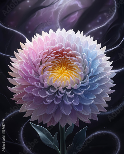 Cool cosmic chrysanthemum flower with a beautiful space ambiance. glow against the starry background, captivating magical  chrysanthemums flower. Created with generative AI photo