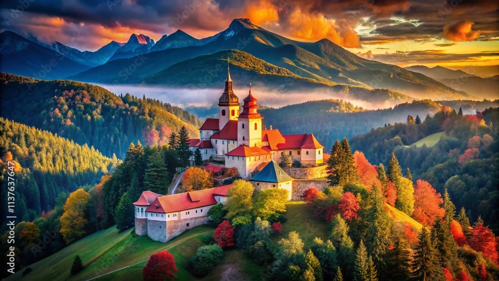 Fototapeta premium Red Monastery Slovakia Pieniny Mountains Double Exposure Photography - Architectural Landmark