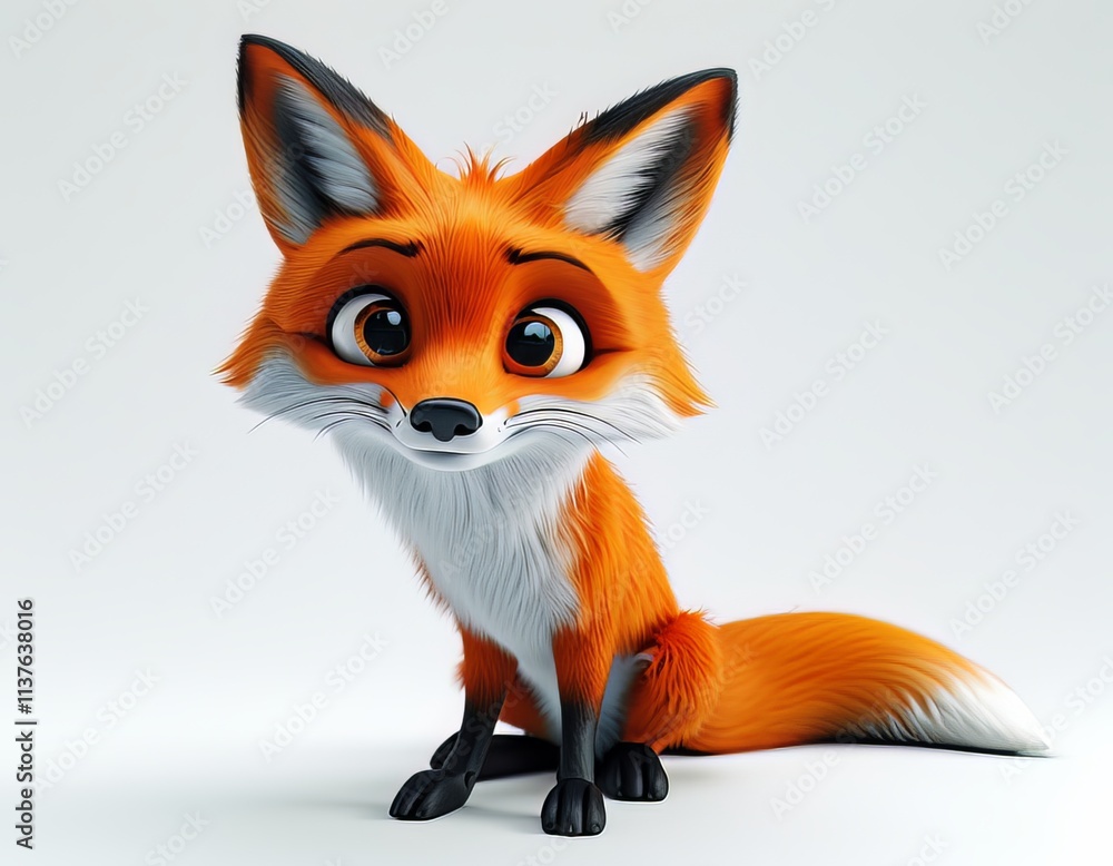 3D clipart full-body cartoon fox sitting with orange fur, bushy tail, isolated on white background. 3D clipart full-body cartoon fox sitting with orange fur, bushy tail, isolated on white background.