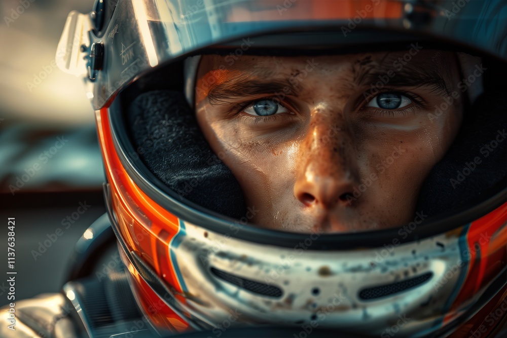 Focused race car driver ready for high-speed action, showcasing determination and skill. Focused race car driver ready for high-speed action, showcasing determination and skill.