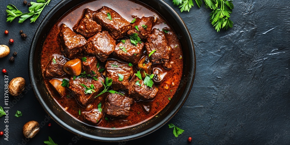 Close-up of beef stew with mushrooms and parsley in a black bowl.