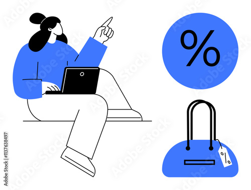 Woman using laptop, pointing upwards. Discount symbol and handbag with a tag. Ideal for e-commerce, online shopping, promotions, discounts, digital marketing retail fashion. Line metaphor photo