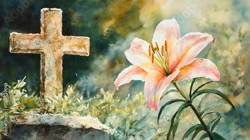 A watercolor of a single lily blooming by a stone cross, picture
