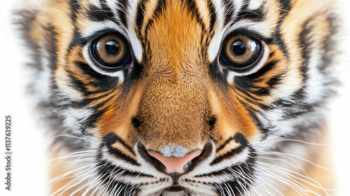 Young tiger face close-up on white