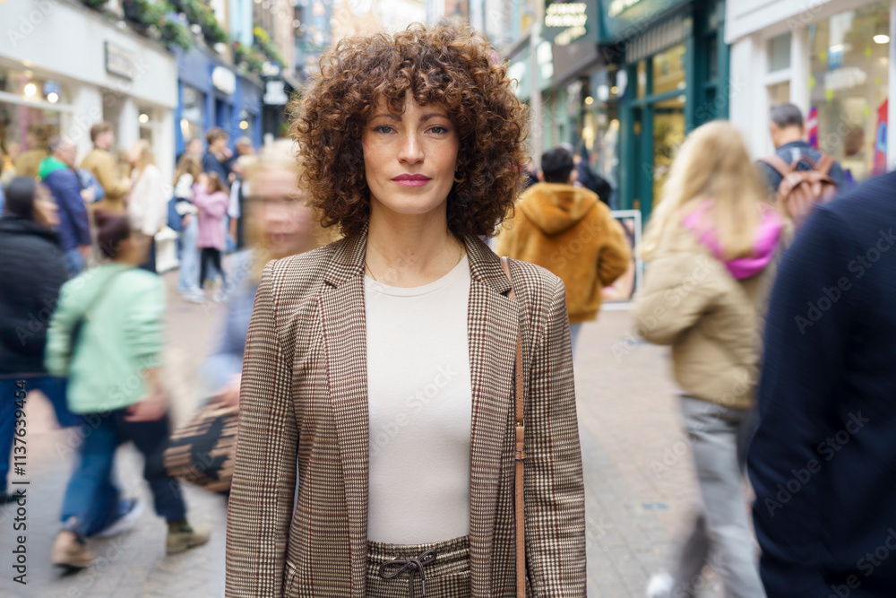 Smiling curly haired woman standing on crowded street in city Smiling curly haired woman standing on crowded street in city