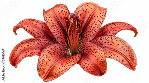 Fully Bloomed Red Lily with Speckled Petals on White Background