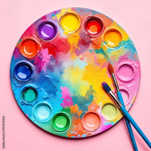 A vibrant palette filled with colorful paints and a brush, perfect for artistic expression and creativity in painting.