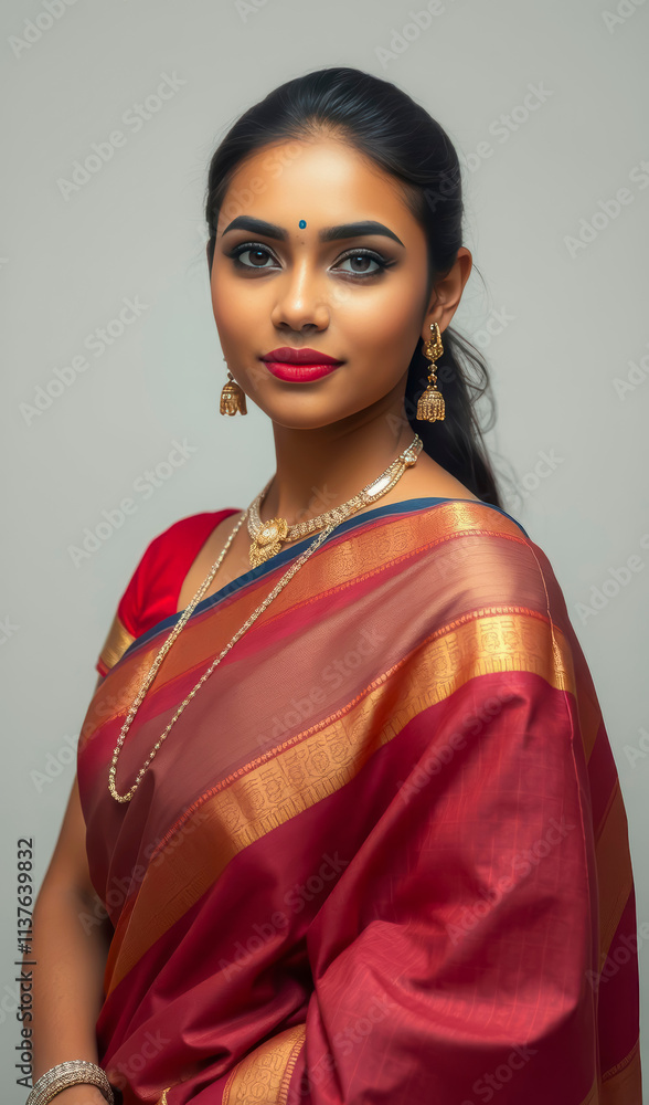 Radiant Indian bride in an elegant saree, styled with intricate jewelry, showcasing beauty, cultural pride, and timeless fashion with a charming smile.