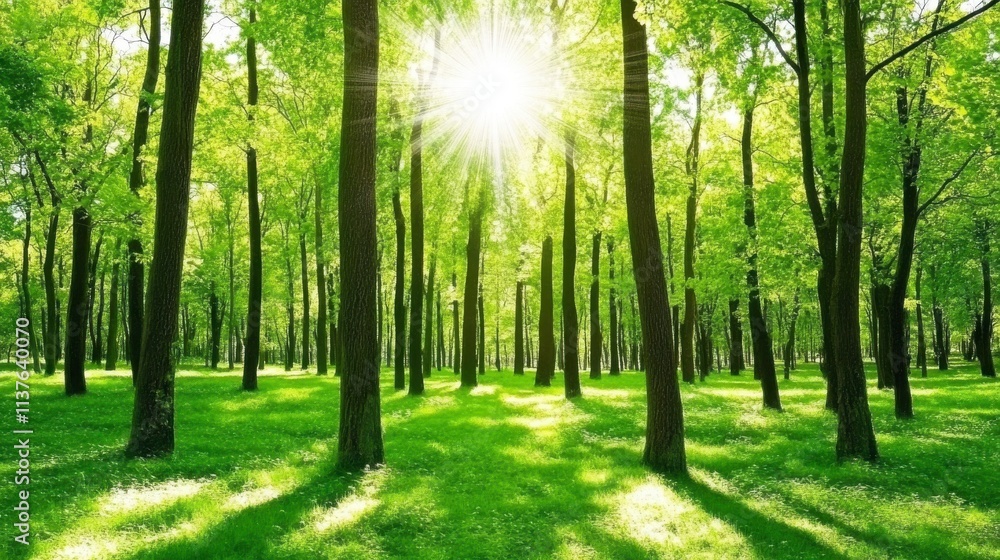 Fototapeta premium Serene Sunlit Forest - A Peaceful Springtime Escape