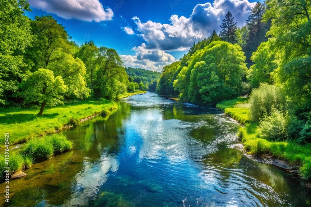 Summer River Flowing Through Lush Forest - Scenic Landscape Summer River Flowing Through Lush Forest - Scenic Landscape