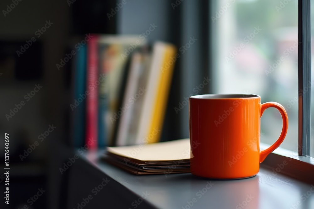 Orange Mug on Windowsill with Books and Blurry Window View Orange Mug on Windowsill with Books and Blurry Window View