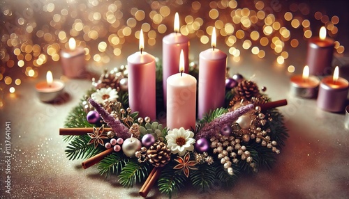 Advent Christmas Wreath or Crown - Countdown Candles to Jesus - Christian Lutheran Catholics - Bible Reading - First Sunday - Christmas Eve - Birth of Jesus Christ - Nativity - Purple White Candles photo