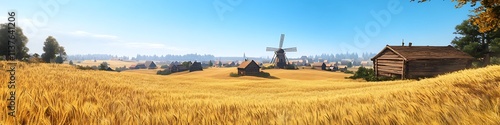 A small village surrounded by golden wheat fields, with a clear blue sky and a rustic wooden windmill in the distance