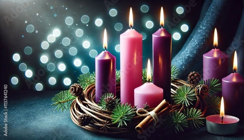 Advent Christmas Wreath or Crown - Countdown Candles to Jesus - Christian Lutheran Catholics - Bible Reading - First Sunday - Christmas Eve - Birth of Jesus Christ - Nativity - Purple White Candles photo