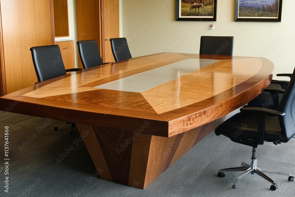 Naklejka premium Large wood conference table, several black chairs.