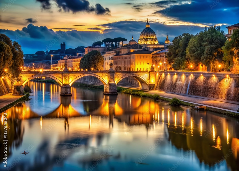 Rome Night Photography: Tiber River, Illuminated Bridge, Italian Cityscape Rome Night Photography: Tiber River, Illuminated Bridge, Italian Cityscape