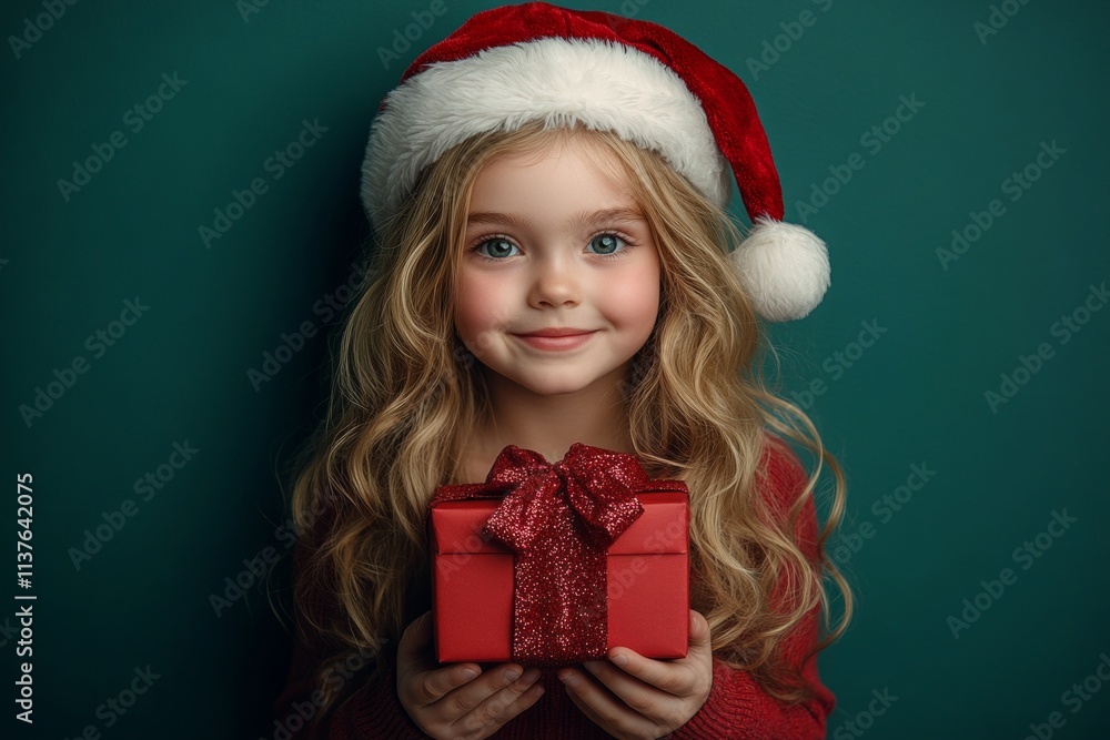 Isolated white white teen girl in red santa hat with gift box in hands, on green background. Copyspace. Green hat kid. Professional holiday gifts. Green gift ideas. Christmas tree design. Isolated white white teen girl in red santa hat with gift box in hands, on green background. Copyspace. Green hat kid. Professional holiday gifts. Green gift ideas. Christmas tree design.