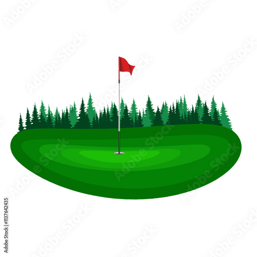 llustration graphics a golf green with a red flag with a white pole with a small dimple pattern in the hole against a light gray background