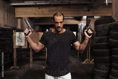 Portrait of man posing with two guns in an indoor shooting range