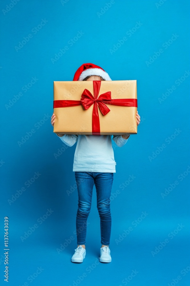Copy space. Isolated white white child girl in red red hat with package in hands, on blue background. Blue gift box. Hat design ideas. Blue festive decor. Kid holiday excitement. Blue santa. Copy space. Isolated white white child girl in red red hat with package in hands, on blue background. Blue gift box. Hat design ideas. Blue festive decor. Kid holiday excitement. Blue santa.
