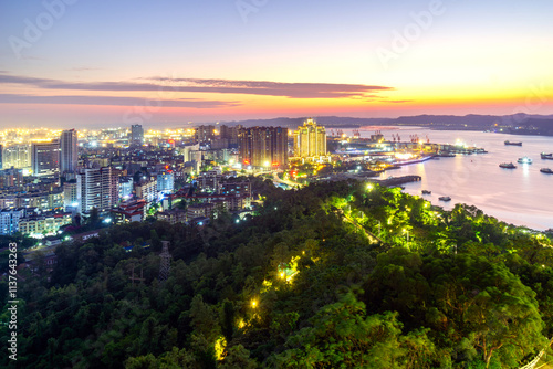 High angle shooting of a coastal city in Guangxi, China's Fangchenggang. photo