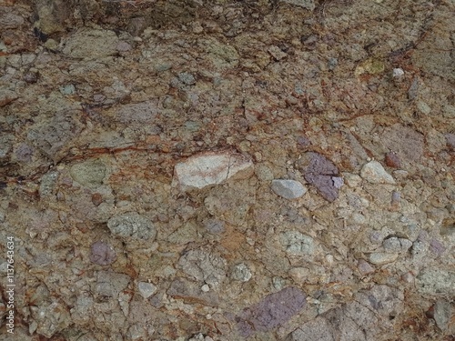 Photo of the exposed ground surface due to excavator dredging. The texture of the soil mixed with rocks, layered, indicates the existence of geological activity. 