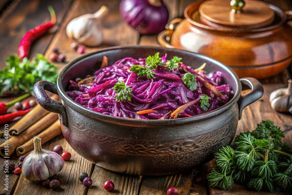 Rustic Pot Filled with Vibrant Red Cabbage and Aromatic Spices Showcasing the Art of Cooking and Fresh Ingredients in a Macro Photography Style Rustic Pot Filled with Vibrant Red Cabbage and Aromatic Spices Showcasing the Art of Cooking and Fresh Ingredients in a Macro Photography Style