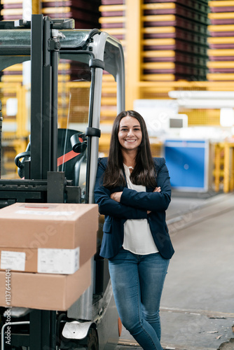 Confident woman standing in logistics center, with arms crossed photo