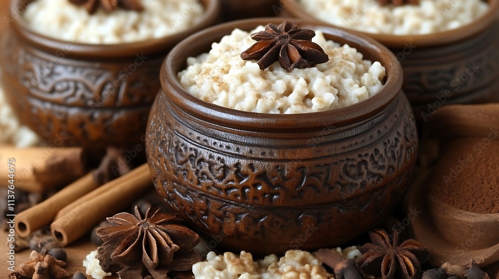 Aromatic Spiced Rice Pudding In Rustic Bowls Aromatic Spiced Rice Pudding In Rustic Bowls