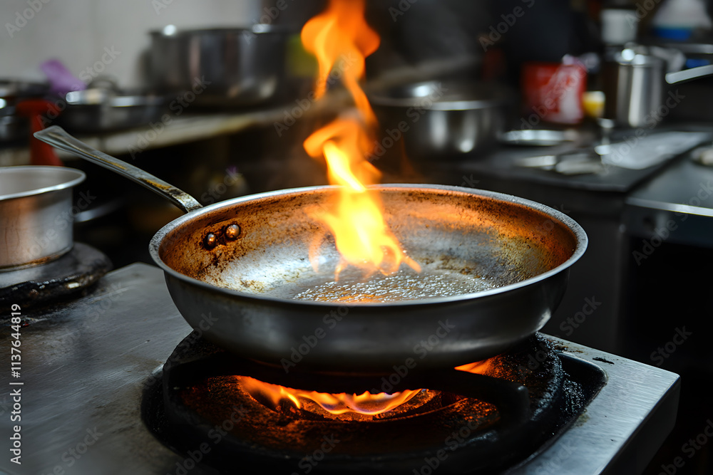 Cooking pan with flames in a professional kitchen during food preparation