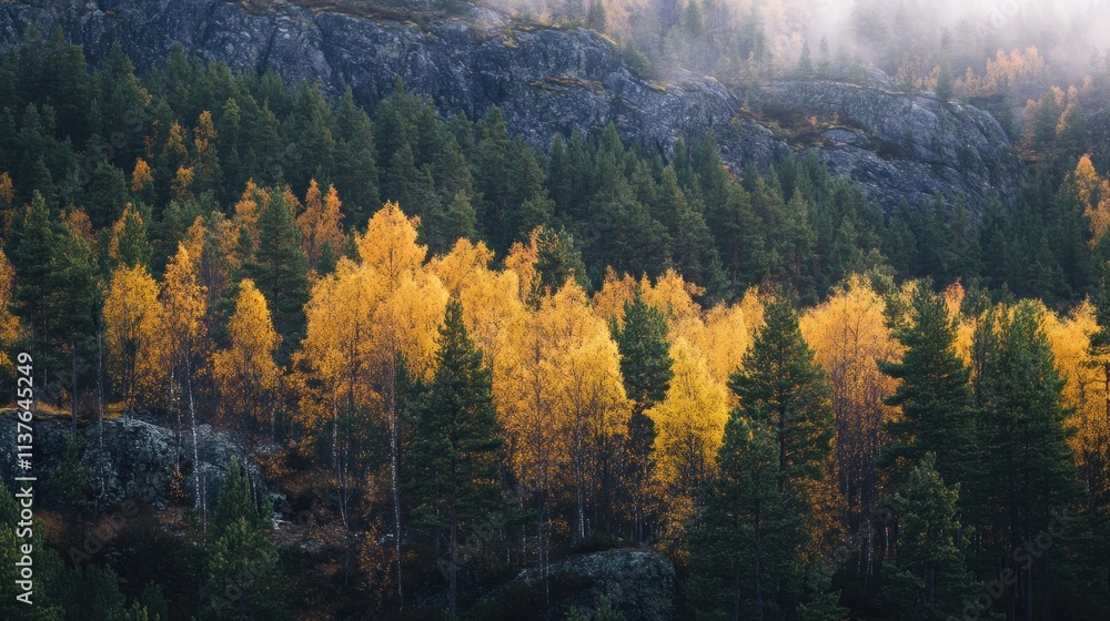 Autumnal trees on rocky hillside, misty. Autumnal trees on rocky hillside, misty.