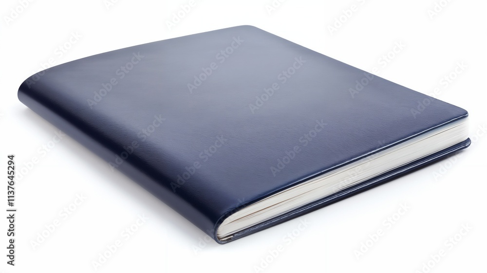 Closed navy blue folder on white background with copy space for office supplies concept Closed navy blue folder on white background with copy space for office supplies concept