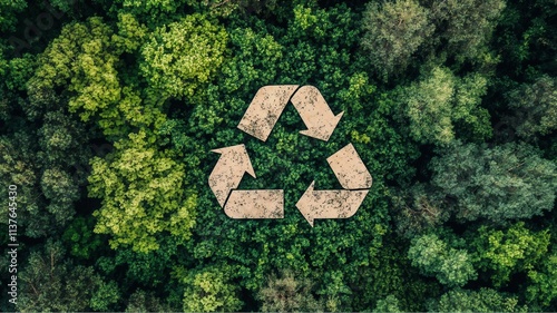 Aerial view of recycling symbol on forest background with copy space for sustainability concept photo